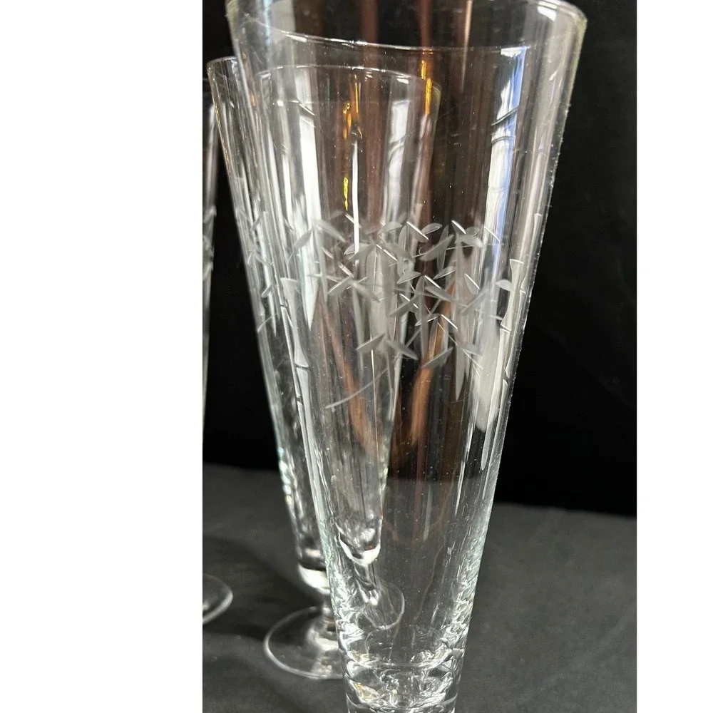 Set of 6 Vintage Bamboo Etched Footed‎ Glasses Champagne Flutes Tall Pilsner MCM